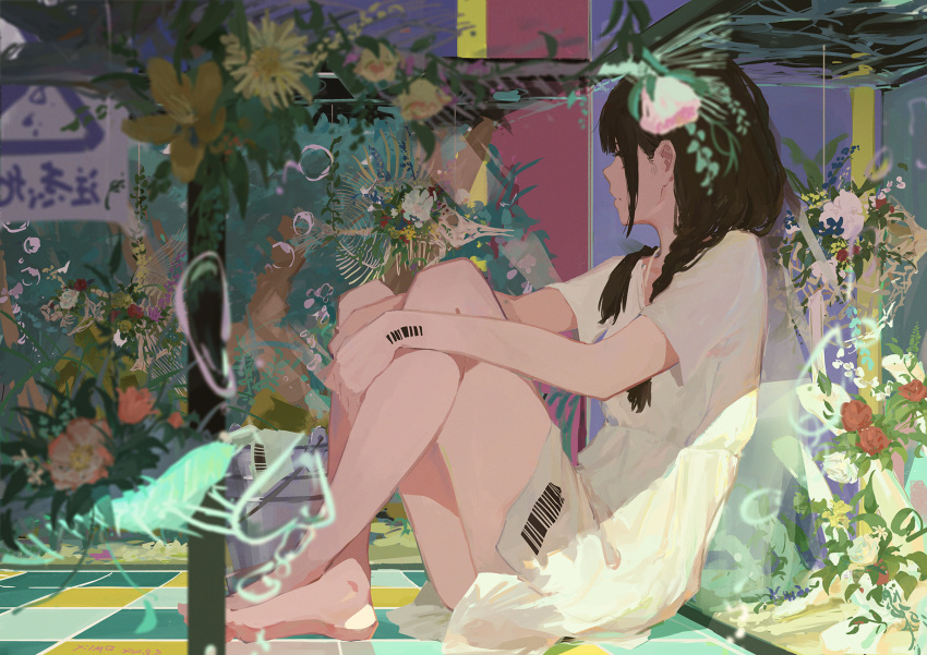 1girl bangs barcode_tattoo barefoot black_hair braid bubble closed_mouth commentary_request crossed_ankles dress fish flower highres leaf long_hair looking_to_the_side original side_slit sidelocks sitting tattoo xilmo