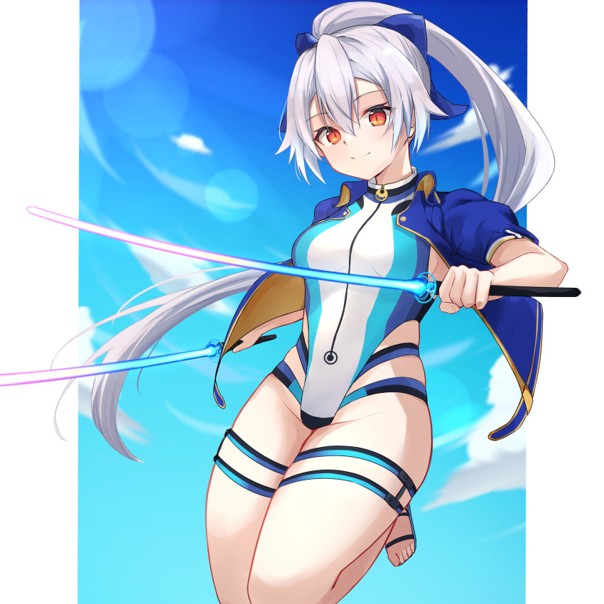 1girl absurdres asashin_(asn) bangs blue_bow blue_jacket blue_swimsuit blush bow breasts dual_wielding energy_sword fate/grand_order fate_(series) hair_between_eyes hair_bow highleg highleg_swimsuit highres holding jacket large_breasts long_hair looking_at_viewer one-piece_swimsuit ponytail red_eyes short_sleeves silver_hair smile swimsuit sword thighs tomoe_gozen_(fate/grand_order) tomoe_gozen_(swimsuit_saber)_(fate) two-tone_swimsuit weapon white_swimsuit