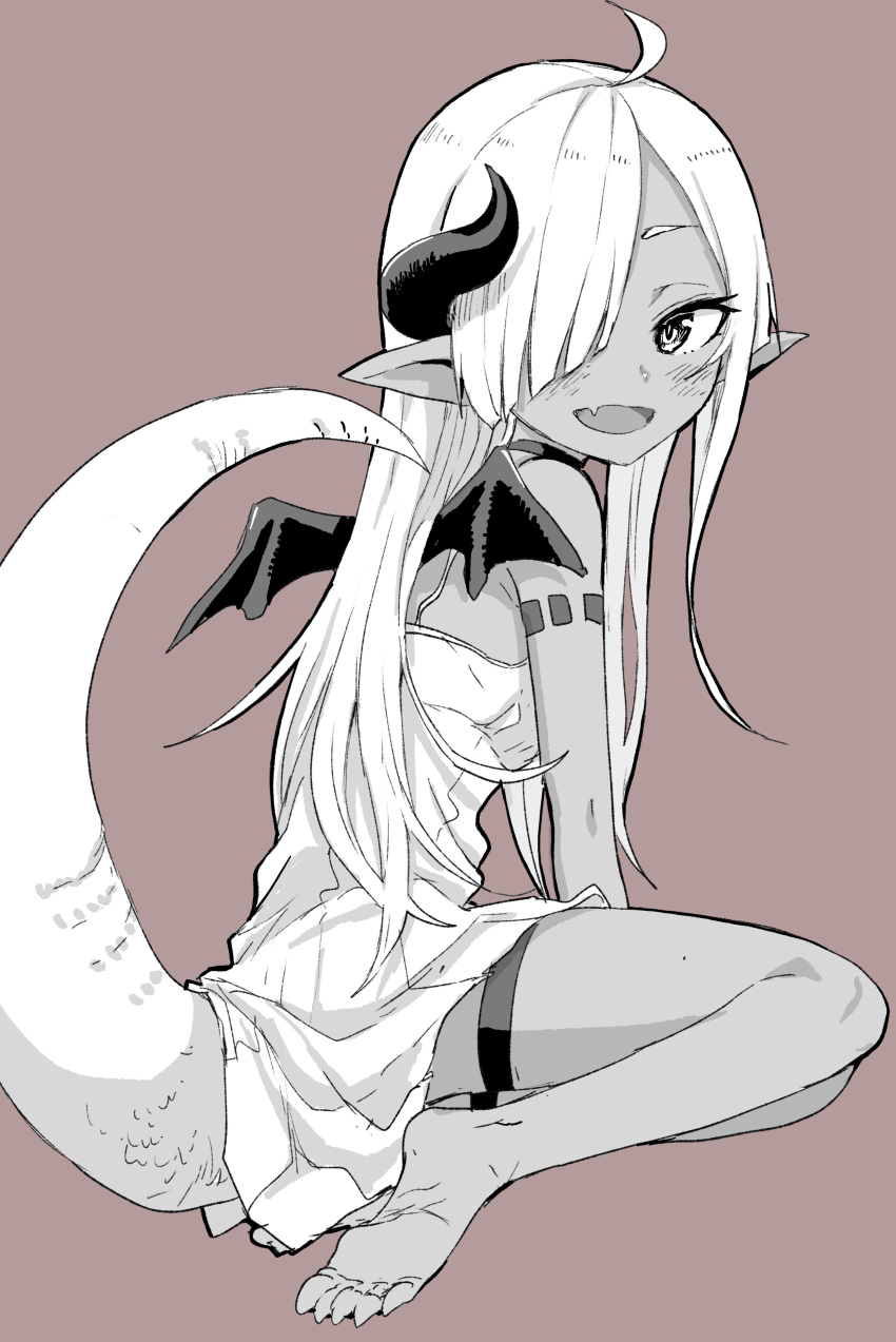 1girl :d absurdres ahoge bangs bare_shoulders barefoot blush brown_background commentary_request copyright_request curled_horns dragon_girl dragon_horns dragon_tail dragon_wings dress fang hair_over_one_eye highres horns long_hair looking_at_viewer looking_to_the_side mini_wings monochrome open_mouth pointy_ears simple_background sleeveless sleeveless_dress smile soles solo tail tail_raised very_long_hair wings yamamoto_souichirou