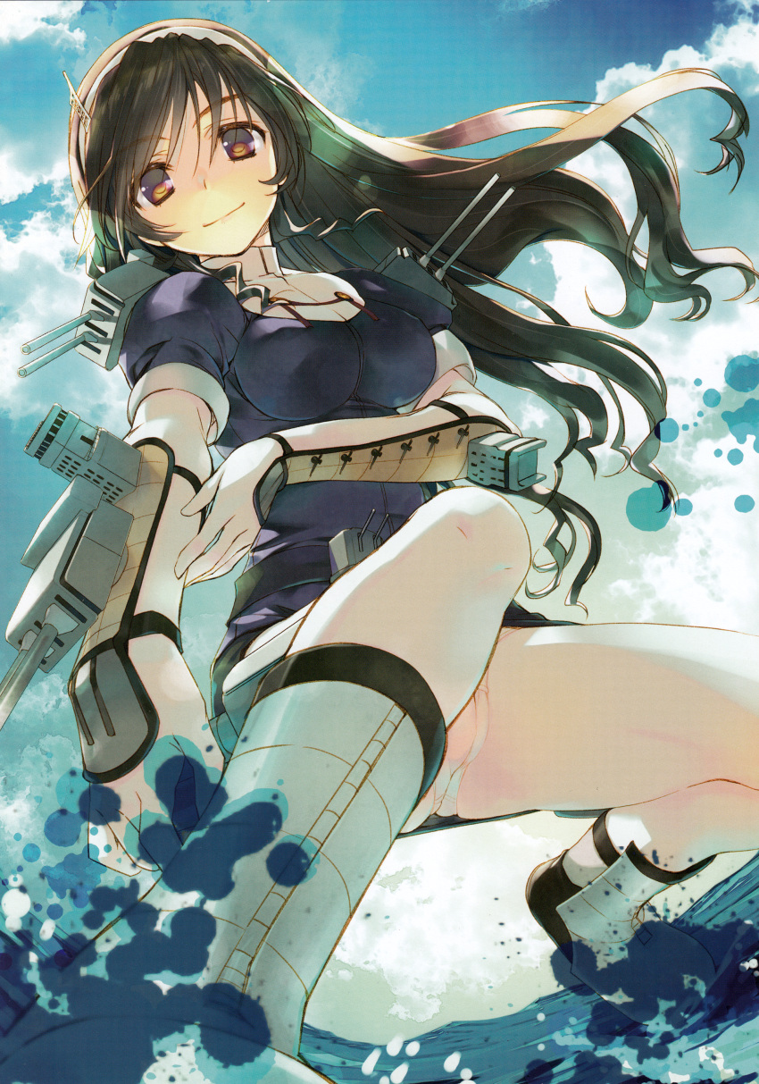 1girl absurdres amazuyu_tatsuki arm_guards armor ashigara_(kantai_collection) bangs blue_sky brown_eyes brown_hair closed_mouth clouds cloudy_sky day elbow_gloves eyebrows_visible_through_hair gloves hairband highres huge_filesize kantai_collection long_hair looking_at_viewer machinery miniskirt panties panties_under_pantyhose pantyhose puffy_short_sleeves puffy_sleeves scan short_sleeves simple_background skirt sky smile solo turret turtleneck underwear water water_drop white_gloves white_legwear