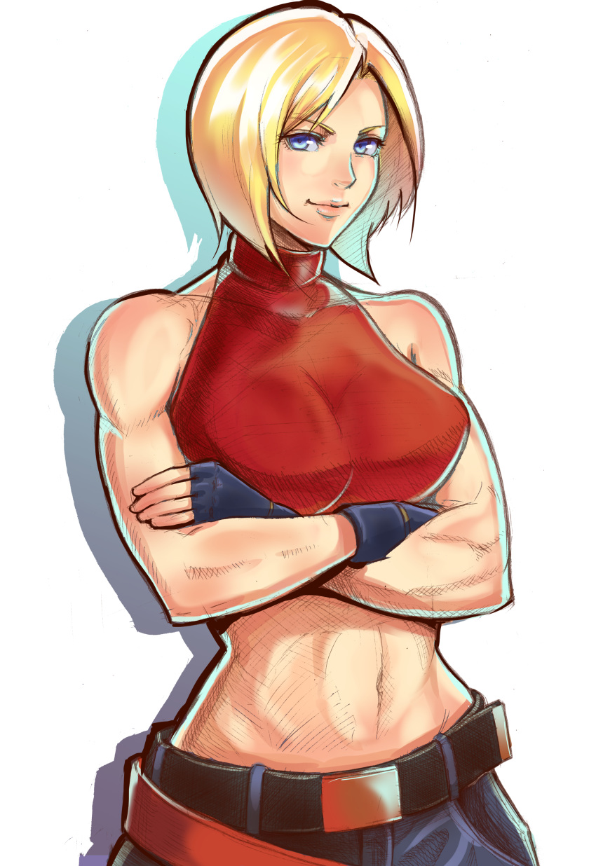 1girl absurdres bare_shoulders belt belt_buckle blonde_hair blue_eyes blue_mary breasts buckle closed_mouth commentary_request fatal_fury gloves highres midriff muscle muscular_female navel short_hair simple_background solo ta-chun the_king_of_fighters white_background