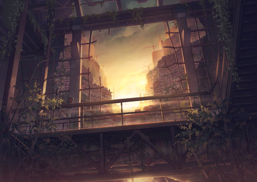 abandoned absurdres bird bridge building city clouds commentary crane_(machine) evening graphite_(medium) highres ivy mitsuki_(yu_hsiang_yi) no_humans original plant ruins scenery sky stairs sunset traditional_media traffic_light tree