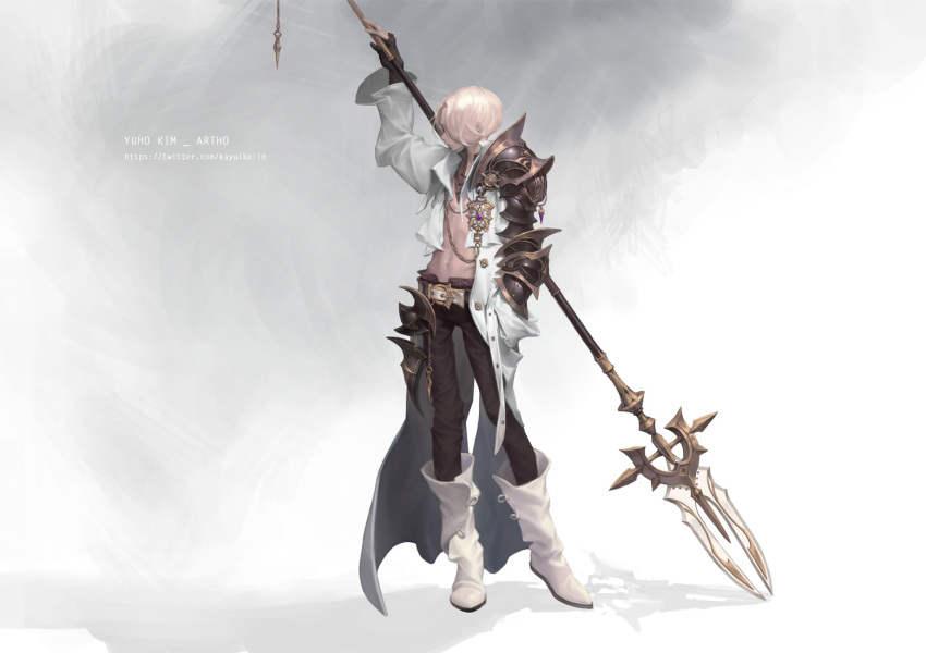 1boy arm_up armor bare_chest belt blonde_hair brown_gloves chain closed_mouth coat fingerless_gloves gloves hand_in_pocket holding holding_polearm holding_spear holding_weapon jewelry male_focus navel necklace original over_shoulder pants pauldrons polearm shoulder_armor single_glove single_pauldron solo spear standing vambraces weapon weapon_over_shoulder white_belt white_coat white_footwear yuho_kim