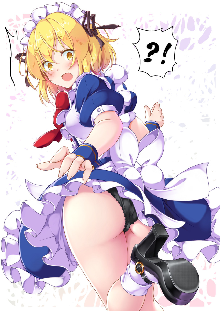 !? 1girl aka_tawashi ass black_footwear black_panties blonde_hair commentary_request dress from_behind highres looking_back maid maid_headdress mugetsu open_mouth panties puffy_short_sleeves puffy_sleeves shoes short_sleeves solo touhou touhou_(pc-98) underwear yellow_eyes