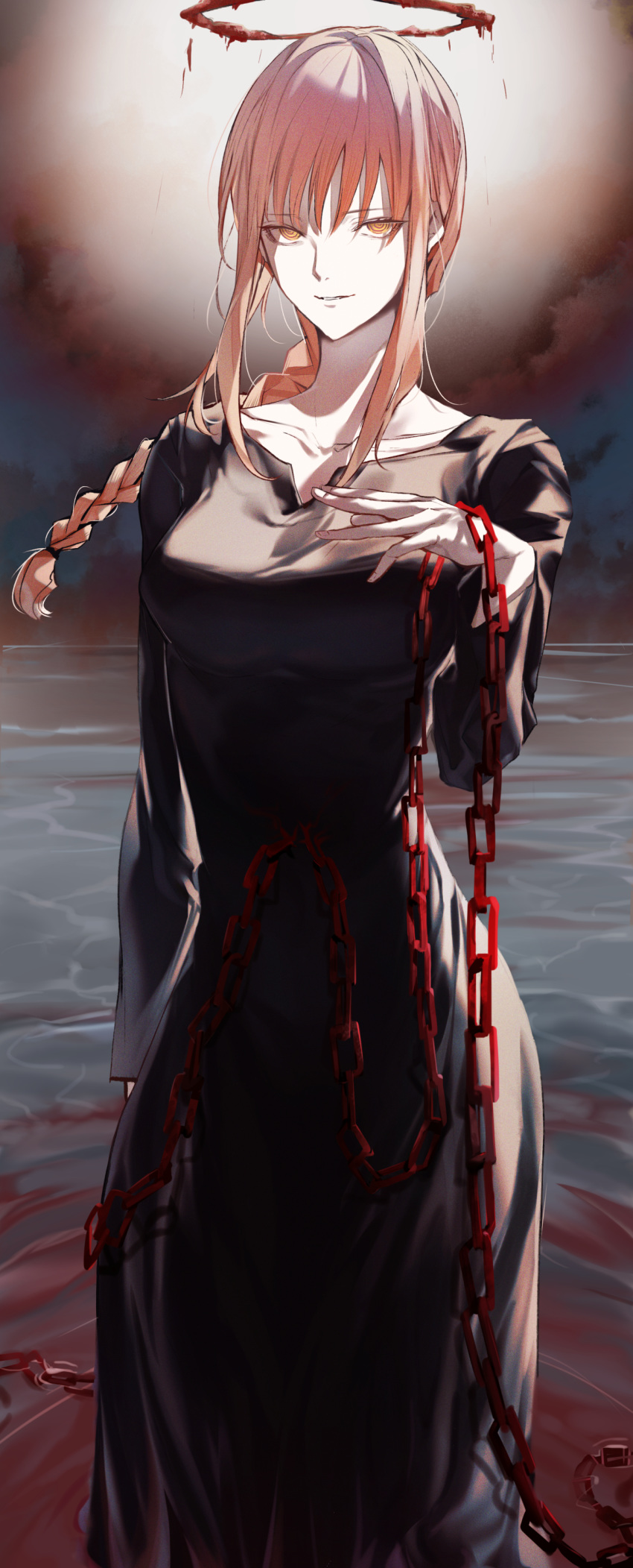 1girl absurdres bangs black_dress blood braid braided_ponytail breasts brown_eyes brown_hair chain chainsaw_man dress gradient gradient_background highres long_hair looking_at_viewer makima_(chainsaw_man) matsunaga777 medium_breasts parted_lips ringed_eyes smile solo standing water