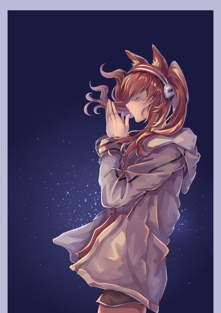 1girl absurdres angelina_(arknights) animal_ear_fluff animal_ears arknights brown_hair closed_eyes commentary cowboy_shot fox_ears from_side grey_jacket hairband hands_up highres innovation jacket long_hair long_sleeves profile red_hairband solo standing