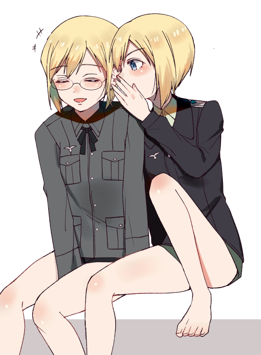 2girls bare_legs between_legs blonde_hair blue_eyes blush closed_eyes covering_mouth erica_hartmann glasses hand_between_legs highres jacket leg_up military military_uniform multiple_girls open_mouth sayama_(chiwan0830) short_hair siblings sisters sitting smile strike_witches uniform ursula_hartmann whispering white_background world_witches_series
