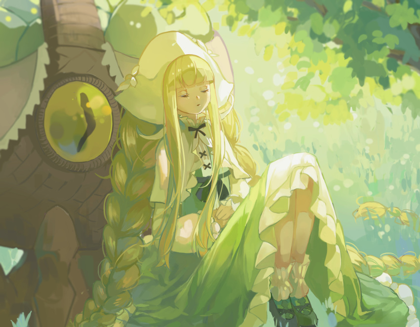1girl bangs black_footwear blunt_bangs braid day dress eyes forever_7th_capital grass green_dress hat highres jianjianjiaodan knees_up long_hair mary_janes monster outdoors shoes sidelocks sitting solo twin_braids twintails very_long_hair