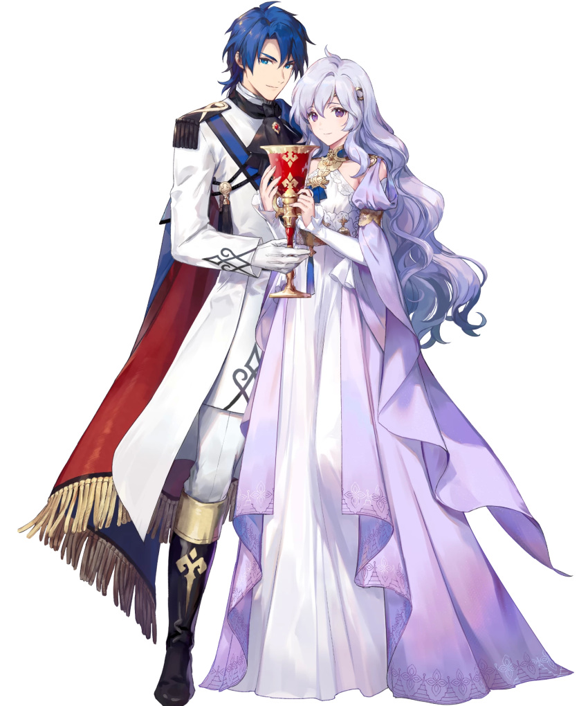 1boy 1girl azutarou bangs black_footwear blue_eyes blue_hair boots cape deirdre_(fire_emblem) dress fire_emblem fire_emblem:_genealogy_of_the_holy_war fire_emblem_heroes full_body gloves highres knee_boots lavender_hair long_dress long_hair long_sleeves official_art pants short_hair sigurd_(fire_emblem) violet_eyes white_gloves