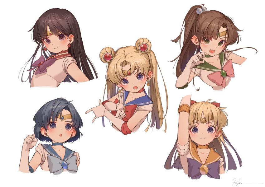 2girls :o aino_minako arm_up bangs bishoujo_senshi_sailor_moon black_hair blonde_hair blue_choker blue_eyes blue_hair blue_sailor_collar bow bowtie brown_hair choker clenched_hand crescent crescent_earrings cropped_torso double_bun earrings elbow_gloves flat_chest gloves green_choker green_sailor_collar hair_bobbles hair_bow hair_ornament hino_rei inner_senshi jewelry kino_makoto long_hair magical_girl mizuno_ami multiple_girls orange_choker orange_sailor_collar pink_bow pointing pointing_at_viewer ponytail pose red_bow red_choker red_sailor_collar ryota_(ry_o_ta) sailor_collar sailor_jupiter sailor_mars sailor_mercury sailor_moon sailor_senshi sailor_senshi_uniform sailor_venus short_hair simple_background smile star_(symbol) star_earrings stud_earrings tiara tsuki_ni_kawatte_oshioki_yo tsukino_usagi twintails violet_eyes white_background white_gloves