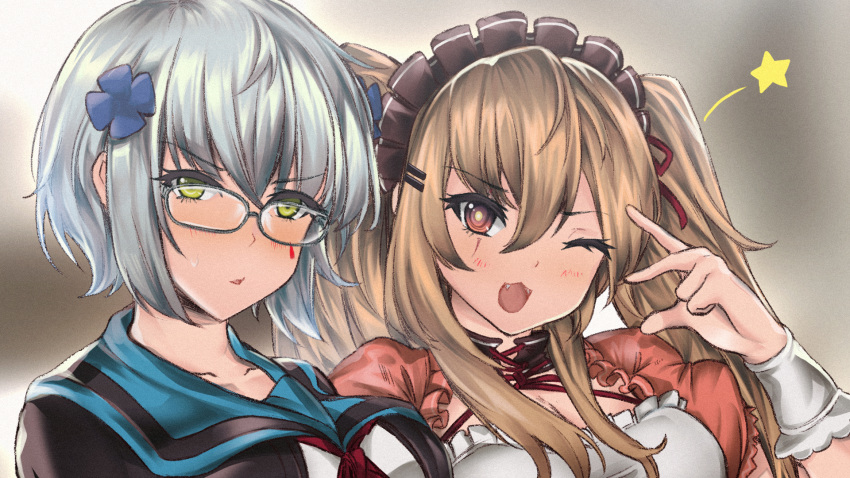 2girls apron asahina_mikuru asahina_mikuru_(cosplay) brown_hair cosplay girls_frontline glasses green_eyes highres hk416_(girls_frontline) kita_high_school_uniform long_hair maid maid_apron maid_headdress multiple_girls nagato_yuki nagato_yuki_(cosplay) one_eye_closed parody persocon93 school_uniform short_hair silver_hair suzumiya_haruhi_no_yuuutsu twintails ump9_(girls_frontline) wallpaper