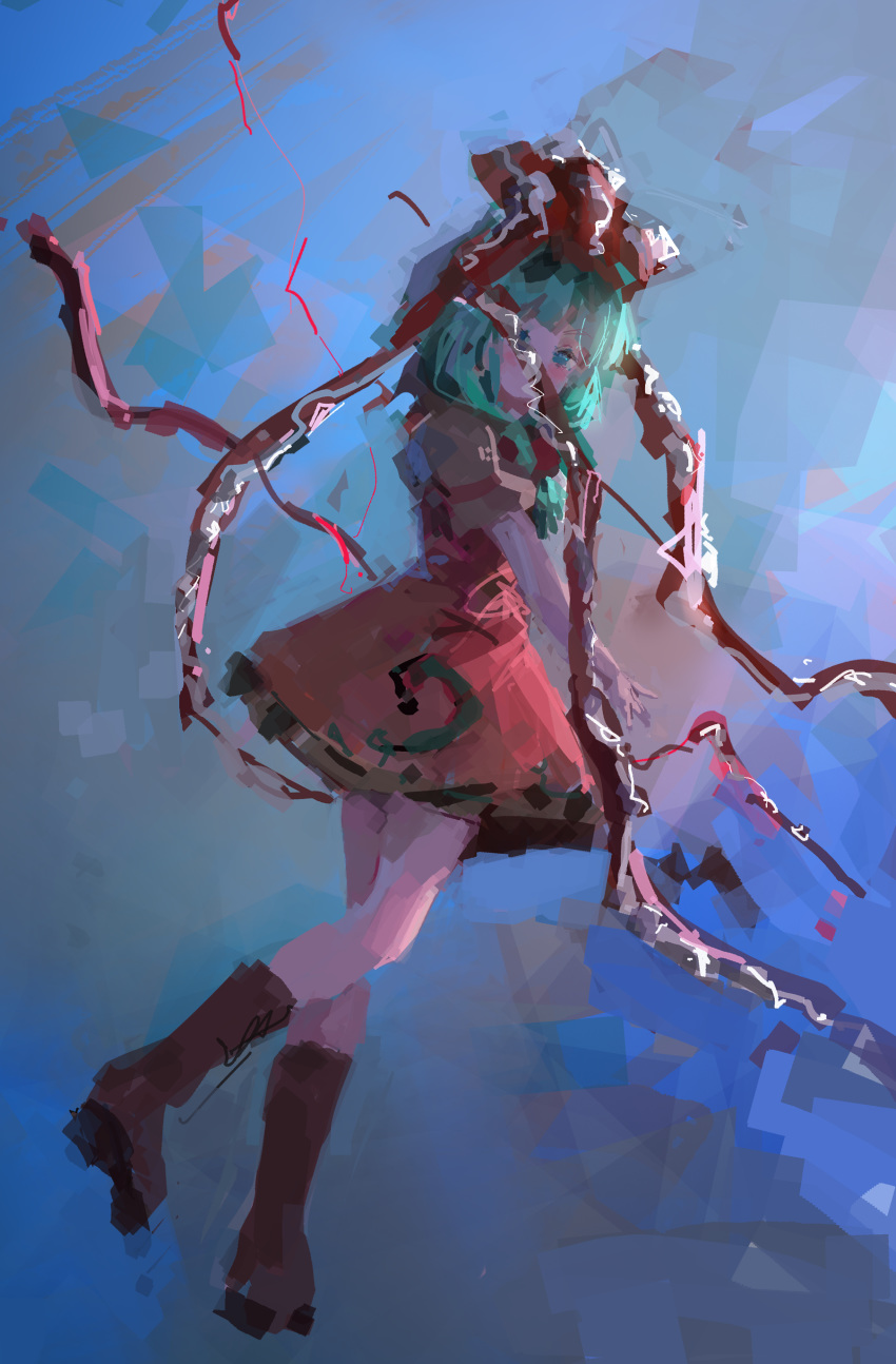 1girl abstract_background absurdres backlighting bangs blue_background boots bow brown_footwear dress dutch_angle frilled_bow frilled_ribbon frills from_behind from_side full_body green_hair hair_bow highres kagiyama_hina leg_up long_hair long_ribbon looking_at_viewer looking_back no_lineart puffy_short_sleeves puffy_sleeves red_bow red_dress red_ribbon reddizen ribbon short_sleeves solo touhou