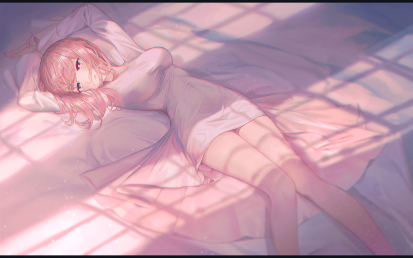 1girl arms_up bed_sheet blue_eyes breasts dress half-closed_eyes highres long_hair long_sleeves looking_at_viewer lying medium_breasts on_back original parted_lips pink_hair shiny shiny_hair short_dress solo white_dress xeonomi