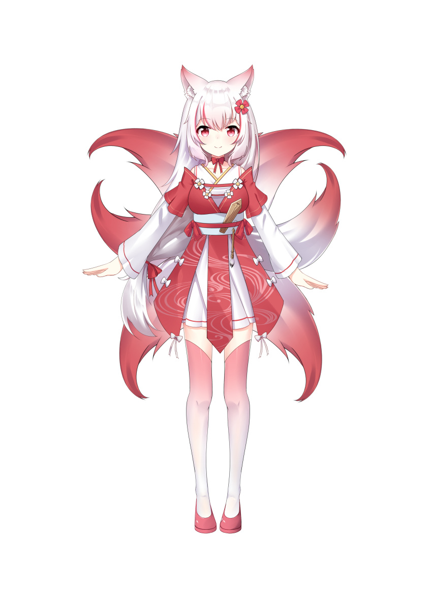 1girl absurdres animal_ear_fluff animal_ears blush bow chihong_de_tianshi closed_mouth commentary_request flower fox_ears fox_girl fox_tail full_body gradient gradient_legwear hair_flower hair_ornament highres japanese_clothes kimono kitsune long_hair long_sleeves looking_at_viewer multicolored_hair obi original pink_legwear red_eyes red_flower red_footwear redhead sash shoes simple_background smile solo standing streaked_hair tail thigh-highs very_long_hair white_background white_bow white_flower white_hair white_kimono white_legwear