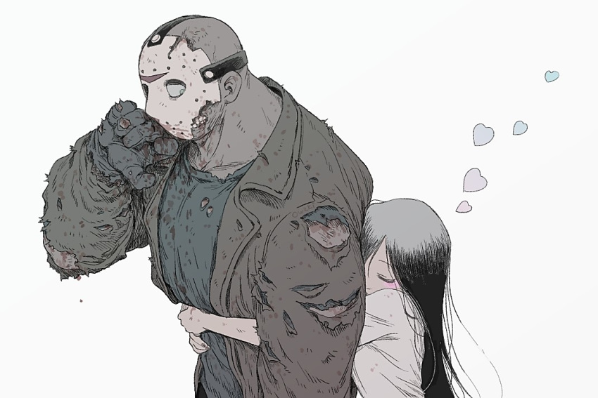 1boy 1girl bald black_hair blood bloody_clothes brown_jacket closed_eyes dress friday_the_13th gloves heart height_difference hockey_mask hug hug_from_behind jacket jason_voorhees long_hair outsuki shirt simple_background size_difference smile teeth the_ring torn_clothes upper_body white_background white_dress yamamura_sadako