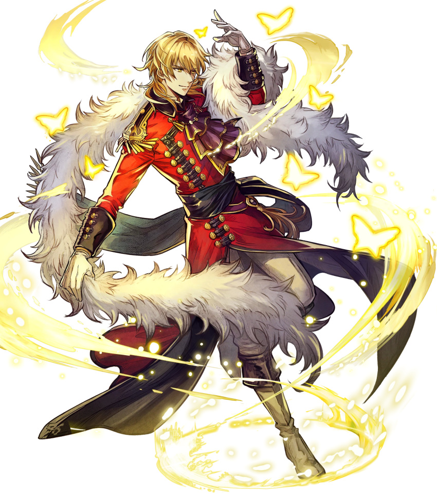 1boy alternate_costume blonde_hair boots bug butterfly dancing eldigan_(fire_emblem) epaulettes feather_boa fire_emblem fire_emblem:_genealogy_of_the_holy_war fire_emblem_heroes full_body fur_trim gloves highres insect medium_hair official_art polearm solo sparkle spear transparent_background weapon yellow_eyes