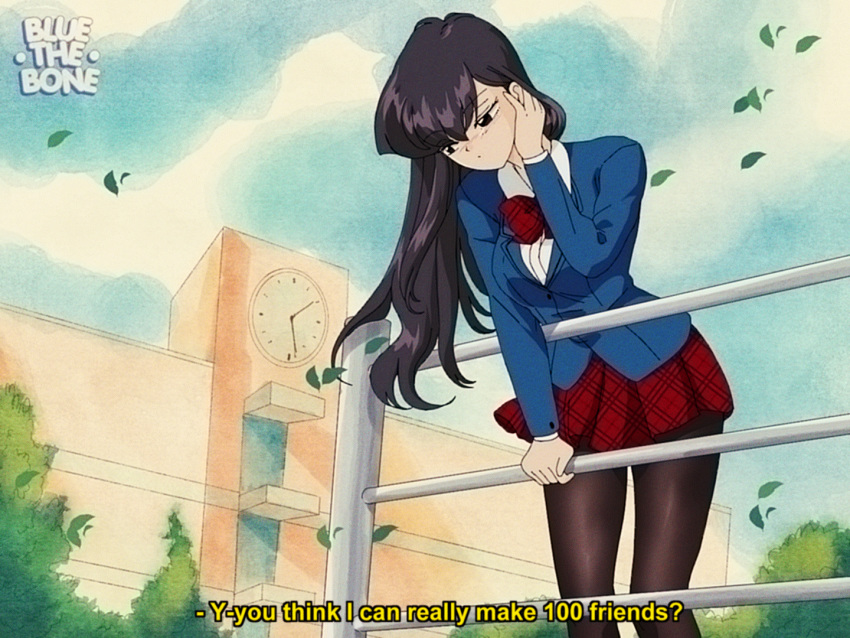 1980s_(style) 1girl black_eyes black_hair black_legwear blazer blue_jacket blue_sky bluethebone bow bowtie breasts collared_shirt diagonal-striped_bow diagonal-striped_skirt dress_shirt english_commentary eyebrows_visible_through_hair fake_screenshot jacket komi-san_wa_komyushou_desu komi_shouko leaf long_hair long_sleeves miniskirt oldschool outdoors pantyhose pleated_skirt red_neckwear red_skirt school school_uniform shirt skirt sky solo standing striped striped_neckwear striped_skirt subtitled white_shirt wing_collar