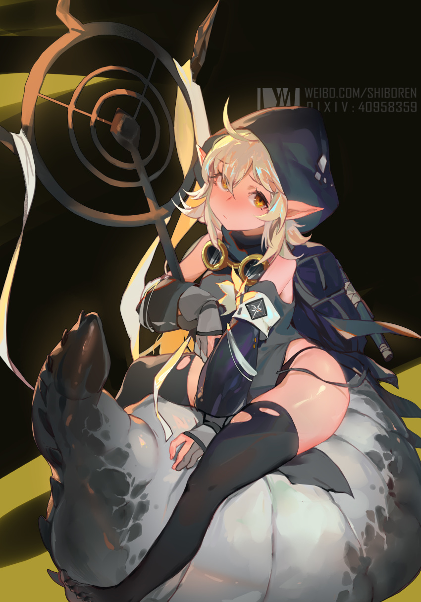 1girl absurdres ahoge arknights bare_shoulders black_background black_legwear brown_eyes commentary_request crocodilian_tail dm_(dai_miao) highres hood large_tail long_sleeves pointy_ears silver_hair sitting solo staff tail thigh-highs thighs tomimi_(arknights)