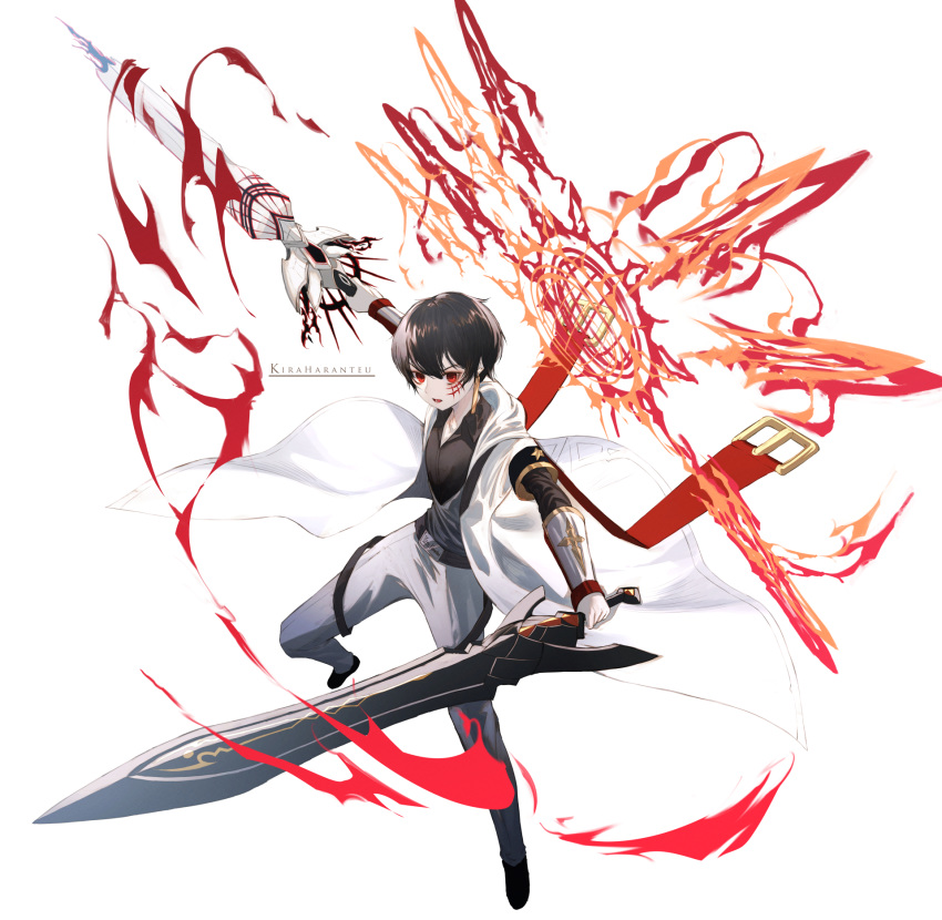 1boy artist_name bangs belt black_belt black_footwear black_hair black_shirt coat collarbone commentary dual_wielding elsword fighting_stance full_body grey_pants highres holding holding_sword holding_weapon looking_at_viewer male_focus neon_(pixiv_31150749) open_mouth pants red_eyes red_nails shirt shoes short_hair solo sword weapon white_background white_coat