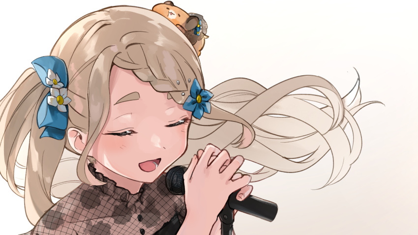 1girl alternate_costume animal_on_head closed_eyes commentary_request gonzalez_(machita_chima) hair_ornament hair_ribbon highres machita_chima microphone music nijisanji on_head open_mouth portrait ribbon simple_background singing solo thick_eyebrows virtual_youtuber white_background yuama_(drop)