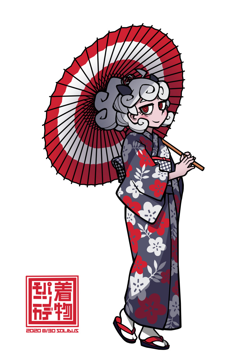 1girl 2020 absurdres black_horns blush checkered dated demon_girl demon_horns floral_print helltaker highres holding holding_umbrella horns japanese_clothes kimono oriental_umbrella pandemonica_(helltaker) red_eyes sandals sash smile solidus_(artist) solo tied_hair umbrella white_background white_hair