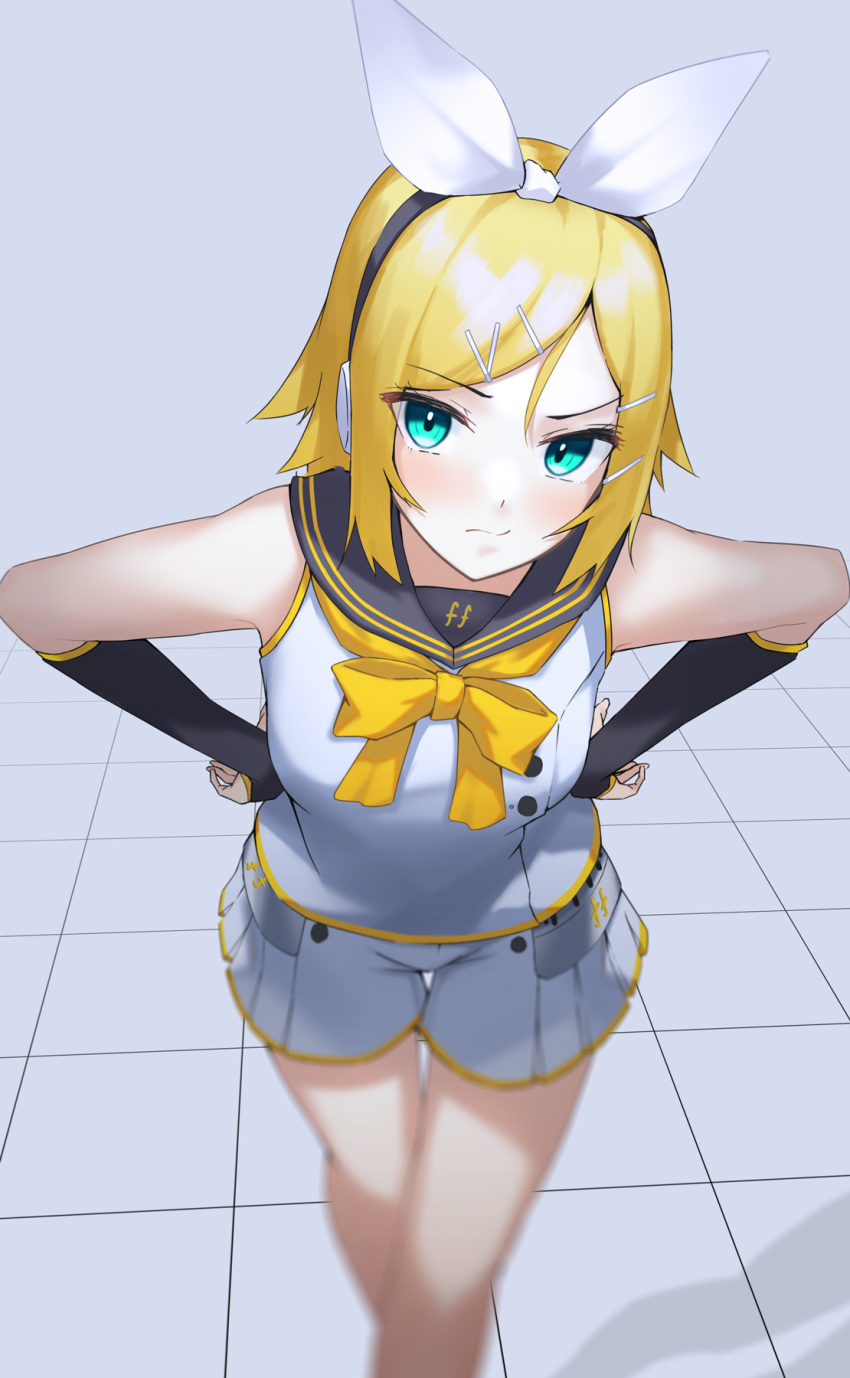 1girl :s aqua_eyes bangs black_sailor_collar blonde_hair blurry blush bow closed_mouth commentary_request depth_of_field detached_sleeves feet_out_of_frame fortissimo grey_background hair_ornament hair_ribbon hairclip headphones highres kagamine_rin leaning_forward looking_at_viewer neckerchief orange_bow orange_neckwear osanzi ribbon sailor_collar school_uniform serafuku shirt short_hair short_shorts short_sleeves shorts sidelocks simple_background sleeveless sleeveless_shirt solo standing swept_bangs thigh_gap tile_floor tiles v-shaped_eyebrows vocaloid white_ribbon white_shirt white_shorts