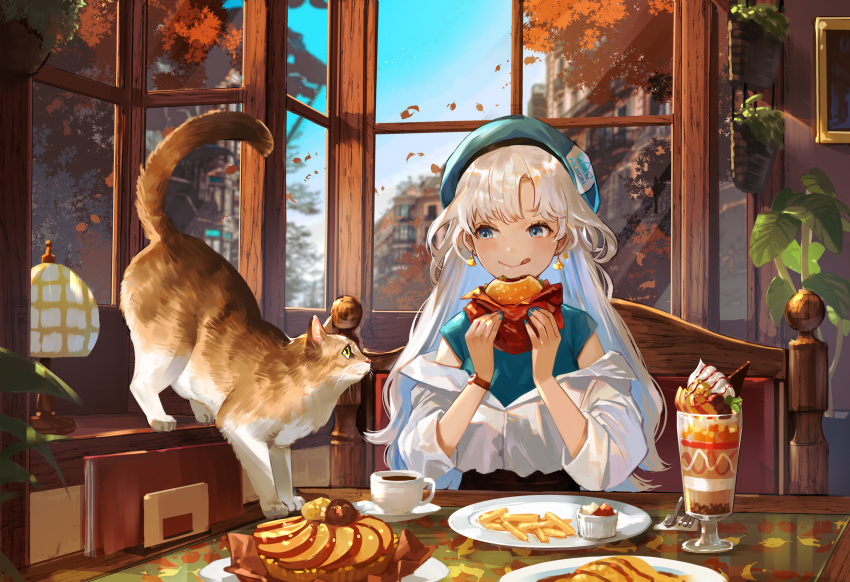 1girl :p animal autumn autumn_leaves bangs blue_eyes blue_hair blue_headwear blue_shirt blue_sky building cat chair chocolate coffee commentary_request cup earrings eating food fork french_fries fruit fruit_tart glass hamburger hanging_plant highres holding holding_food huion indoors jacket jewelry ketchup knife lamp leaf long_hair multicolored_hair nail_polish napkin nima_(niru54) omurice orange orange_slice original parfait plant plate platinum_blonde_hair potted_plant shirt short_sleeves sitting sky table tongue tongue_out two-tone_hair watch watch white_jacket window