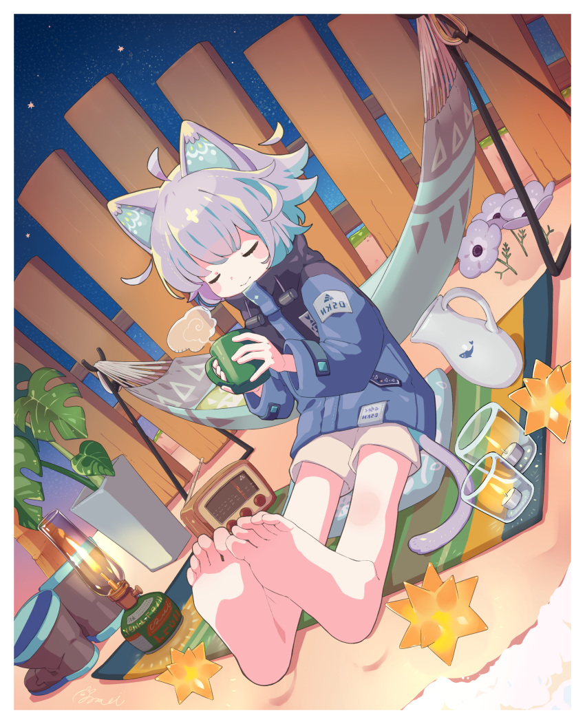absurdres animal_ears bare_legs barefoot candle closed_eyes closed_mouth cup fence flower hammock hands_up highres holding holding_cup jacket lamp long_sleeves original plant purple_hair radio shoes shoes_removed short_hair shorts sitting sky sleeves soles sorata123 star_(sky) tail toes