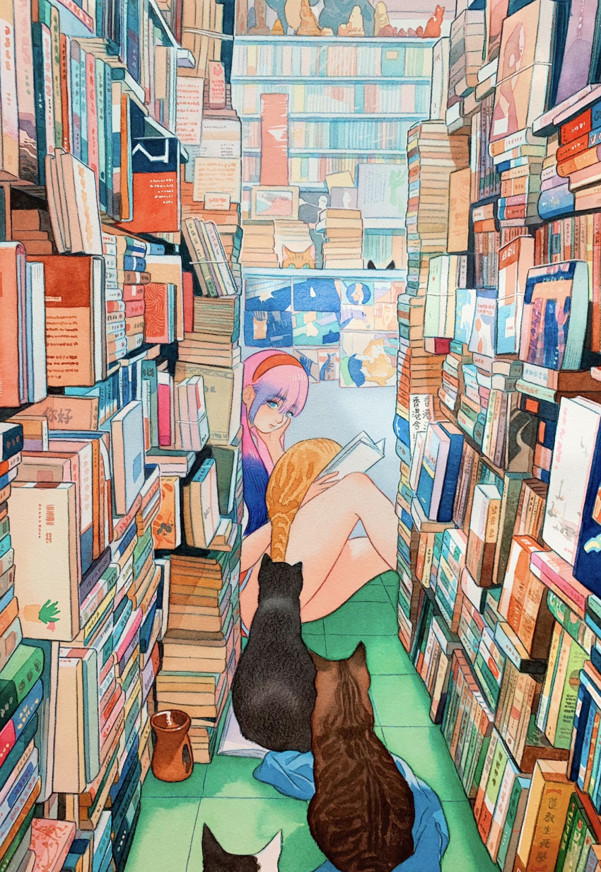1girl blanket blue_eyes blue_hair book_stack bookshelf cat commentary gradient_hair hand_on_own_cheek headband highres little_thunder looking_to_the_side multicolored_hair multiple_cats original pink_hair poster_(object) reading short_shorts shorts sitting sitting_on_floor solo tile_floor tiles traditional_media
