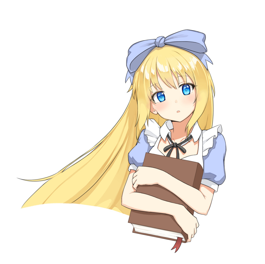 1girl :o alice_(black_souls) bangs black_ribbon black_souls blonde_hair blue_eyes blue_pupils blue_ribbon book bookmark eyebrows_visible_through_hair hair_ribbon highres holding holding_book long_hair looking_at_viewer neck_ribbon open_mouth puffy_short_sleeves puffy_sleeves ribbon ribbonsnek short_sleeves simple_background solo straight_hair upper_body very_long_hair white_background