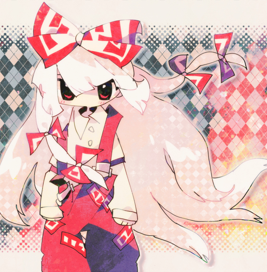 1girl bangs blush bow fujiwara_no_mokou hair_bow highres long_hair multicolored multicolored_background multiple_hair_bows no_mouth pants red_bow red_eyes red_pants shirt solo suspenders suzuka_g touhou white_hair white_shirt