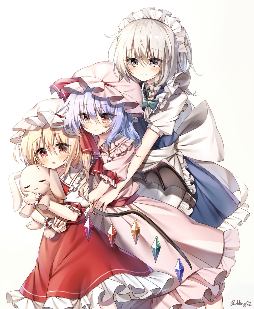 3girls absurdres apron artist_name bangs bat_wings blonde_hair blue_dress bow braid commentary_request crystal dress eyebrows_visible_through_hair flandre_scarlet frilled_shirt_collar frills grey_eyes hair_between_eyes hair_bow hat hat_ribbon highres holding holding_stuffed_toy izayoi_sakuya maid maid_apron maid_headdress mob_cap multiple_girls petticoat pink_dress pink_headwear pudding_(skymint_028) puffy_short_sleeves puffy_sleeves red_ribbon red_sash red_skirt remilia_scarlet ribbon sash short_hair short_sleeves siblings signature silver_hair sisters skirt skirt_set stuffed_animal stuffed_bunny stuffed_toy touhou waist_apron white_apron white_background white_headwear wings wrist_cuffs
