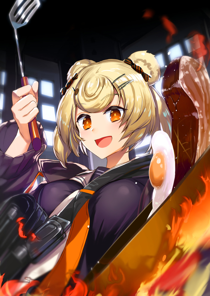 1girl :d animal_ears arknights bangs bear_ears blonde_hair blurry blurry_foreground breasts commentary_request depth_of_field egg eyebrows_visible_through_hair fire food frying_pan gummy_(arknights) hair_ornament hairclip hand_up highres holding large_breasts long_sleeves looking_at_viewer meat nonderi open_mouth orange_eyes sailor_collar school_uniform serafuku short_hair smile solo upper_body