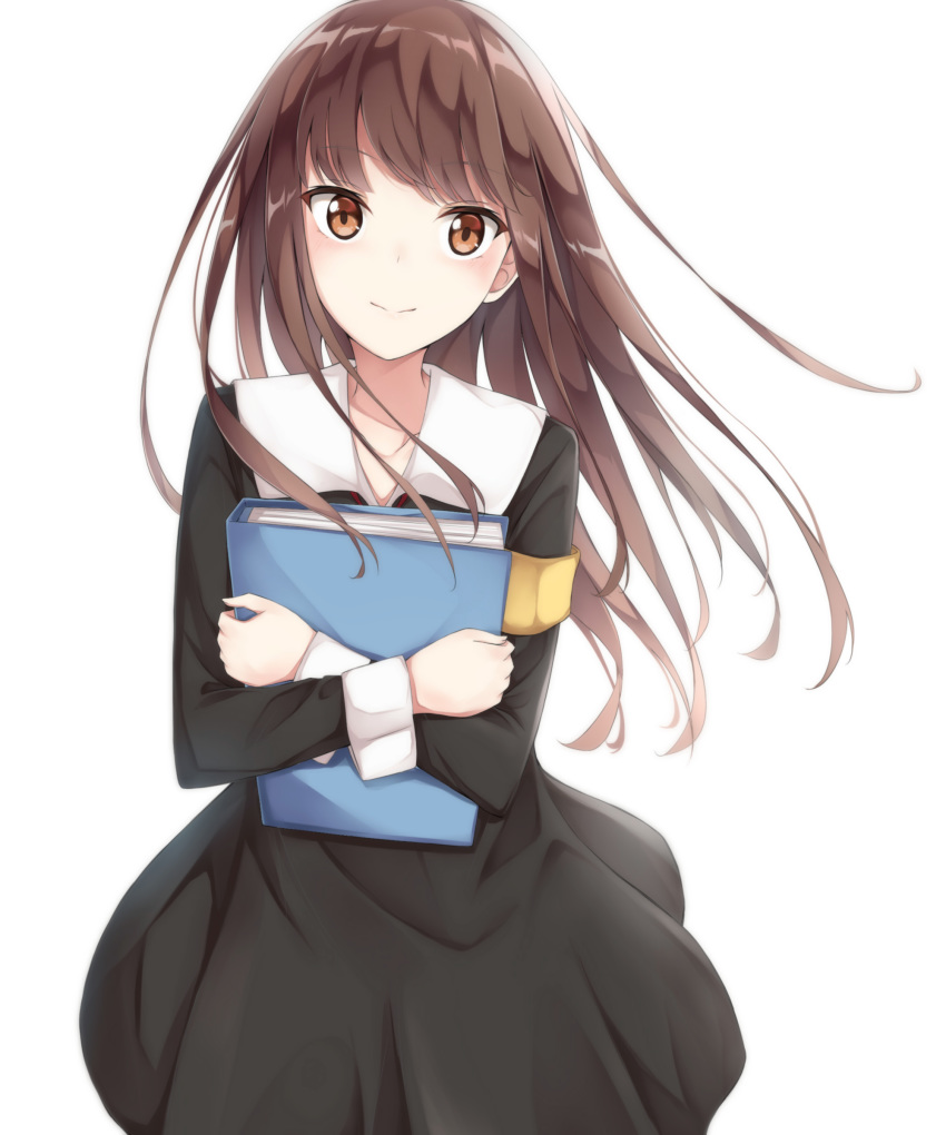 1girl absurdres alternate_hairstyle bangs black_dress blunt_bangs blush book book_hug brown_eyes brown_hair closed_mouth collarbone commentary_request cowboy_shot dress eyebrows_visible_through_hair floating_hair highres holding holding_book iino_miko jii_tomo kaguya-sama_wa_kokurasetai_~tensai-tachi_no_renai_zunousen~ long_hair long_sleeves looking_at_viewer object_hug school_uniform shuuchiin_academy_uniform simple_background smile solo white_background