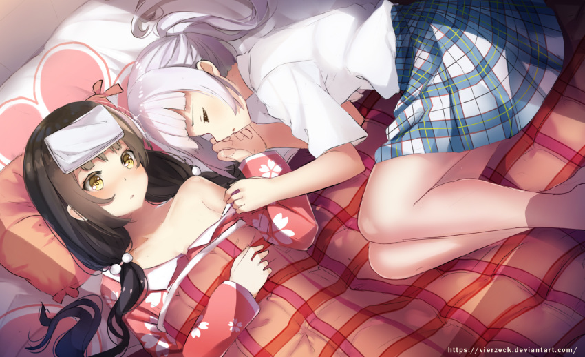 2girls bangs bare_shoulders bed black_hair blanket blunt_bangs collared_shirt commentary dress_shirt english_commentary hair_ornament hand_on_another's_arm hand_on_own_chest highres holding_hands knees_up long_hair low_twintails lying multiple_girls on_back on_side original pajamas pillow plaid plaid_skirt ponytail school_uniform shirt shirt_tucked_in sidelocks silver_hair skirt sleeping tied_hair towel towel_on_head twintails under_covers vierzeck white_shirt yellow_eyes yuri