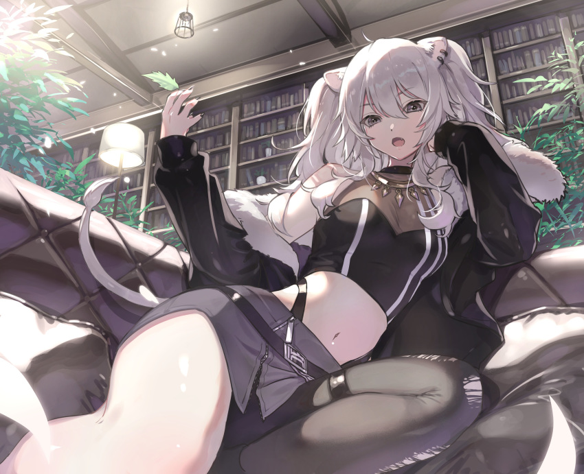 1girl absurdres ahoge animal_ears bare_shoulders blush breasts crop_top earrings elbow_rest eyebrows_visible_through_hair fang fur-trimmed_jacket fur_trim grey_eyes grey_hair hair_between_eyes hand_up highres hololive indoors jacket jewelry kuukai_(adexi) large_breasts lion_ears lion_girl lion_tail long_hair looking_at_viewer midriff navel necklace open_mouth reclining shirt shishiro_botan single_leg_pantyhose skirt sleeveless sleeveless_shirt solo tail thigh_strap thighs torn_clothes torn_legwear virtual_youtuber