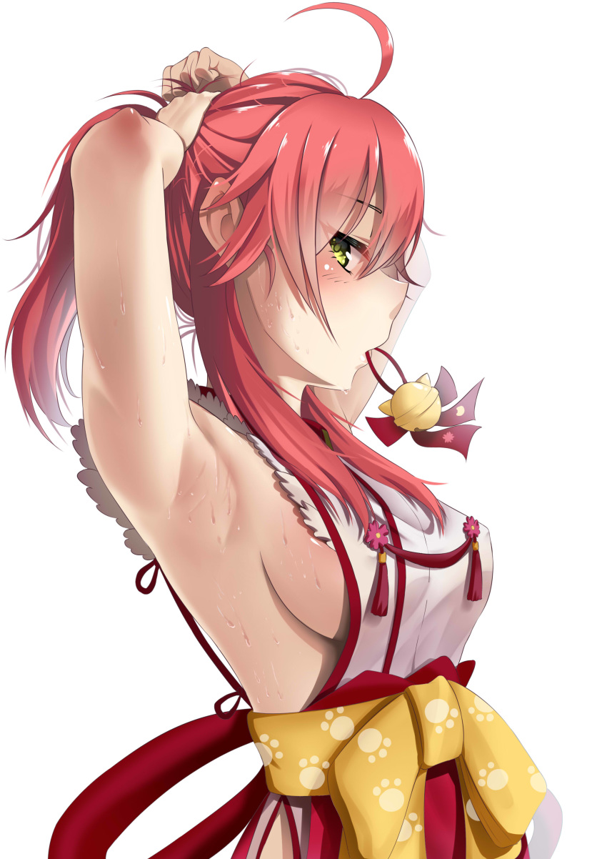 1girl absurdres adjusting_hair ahoge armpits breasts covered_nipples green_eyes highres hololive jamesmikopi long_hair looking_at_viewer nontraditional_miko obi paw_print pink_hair ponytail sakura_miko sash sideboob simple_background sweat virtual_youtuber