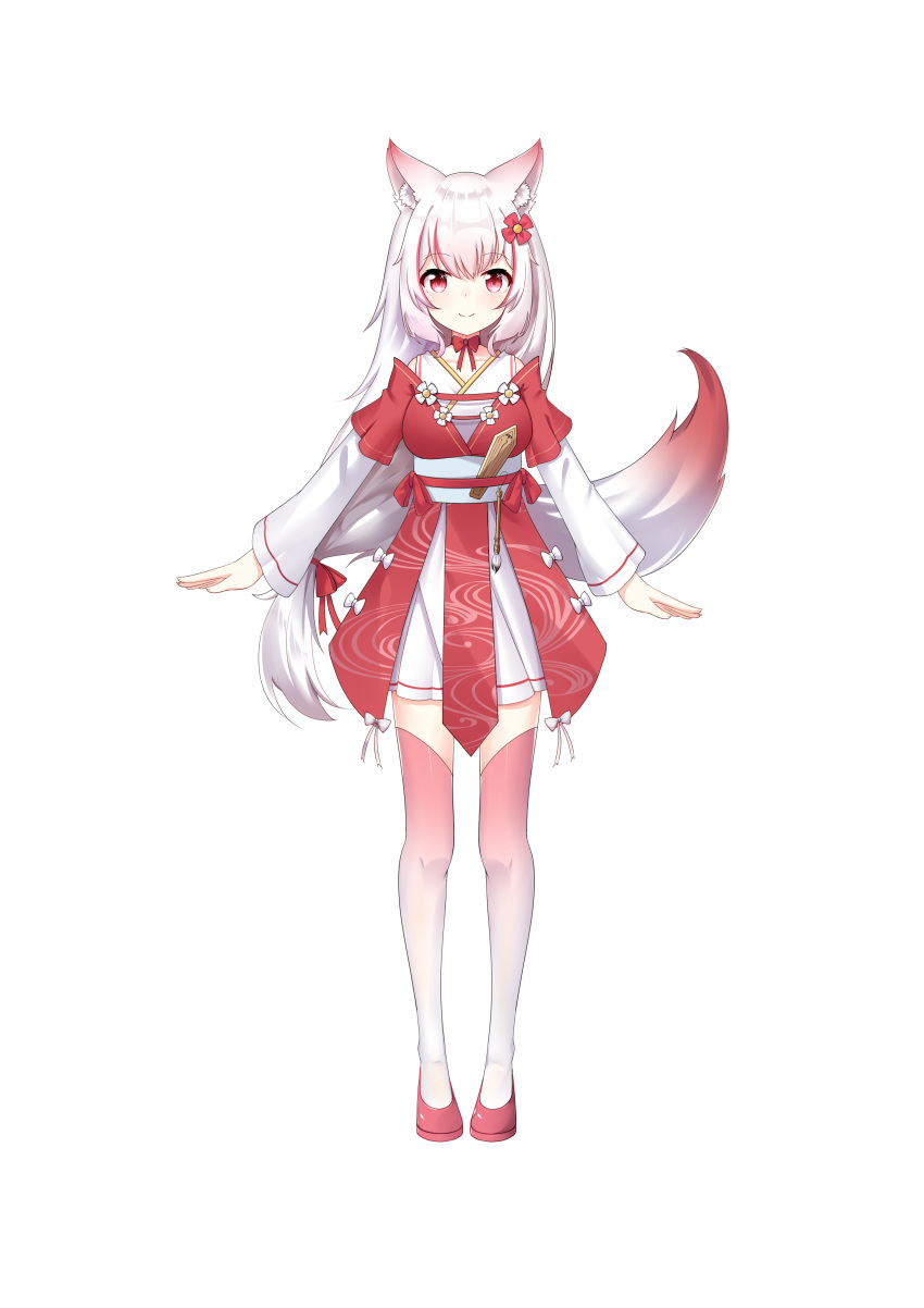 1girl absurdres animal_ear_fluff animal_ears blush bow chihong_de_tianshi closed_mouth flower fox_ears fox_girl fox_tail full_body gradient gradient_legwear hair_flower hair_ornament highres japanese_clothes kimono long_hair long_sleeves looking_at_viewer multicolored_hair obi original pink_legwear red_eyes red_flower red_footwear redhead sash shoes simple_background smile solo standing streaked_hair tail thigh-highs very_long_hair white_background white_bow white_flower white_hair white_kimono white_legwear