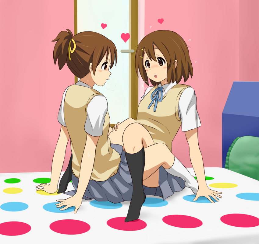 2girls all_fours arm_support black_legwear blue_neckwear blush brown_eyes brown_hair hair_ornament hair_ribbon hairclip hand_on_another's_thigh heart heavy_breathing highres hirasawa_ui hirasawa_yui hirondo indoors k-on! kneehighs multiple_girls neck_ribbon ponytail ribbon sakuragaoka_high_school_uniform school_uniform short_hair short_sleeves siblings sisters straddling twister vest_over_shirt white_legwear