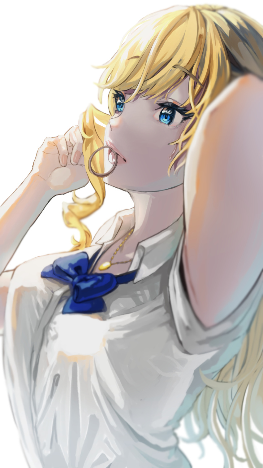 1girl arm_up bangs blonde_hair blue_bow blue_eyes blue_neckwear bow bowtie breasts collared_shirt commentary_request eyebrows_visible_through_hair fingernails from_side fujima_(k114) hair_tie hair_tie_in_mouth hand_up highres idolmaster idolmaster_cinderella_girls jewelry long_hair medium_breasts mouth_hold necklace ootsuki_yui shirt short_sleeves simple_background solo upper_body wavy_hair white_background white_shirt