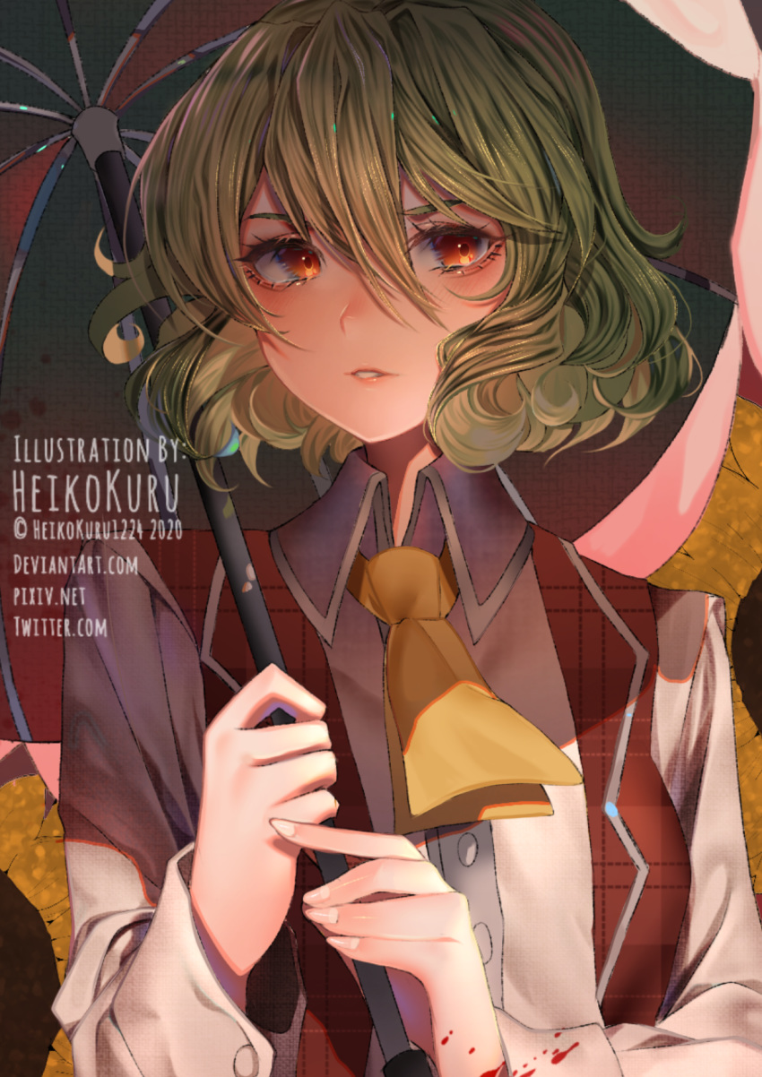 1girl alternate_eye_color artist_name ascot bangs blood blush breasts collared_shirt eyebrows_behind_hair eyelashes fingernails flower garden_of_the_sun gradient_eyes green_hair hair_between_eyes heikokuru1224 highres holding holding_umbrella kazami_yuuka long_sleeves looking_past_viewer medium_breasts multicolored multicolored_eyes orange_eyes parasol parted_lips pink_lips red_eyes red_vest reflective_eyes shiny shiny_hair shiny_skin shirt sideways_glance solo sunflower touhou twitter_username umbrella upper_body vest watermark wavy_hair web_address white_shirt yellow_neckwear