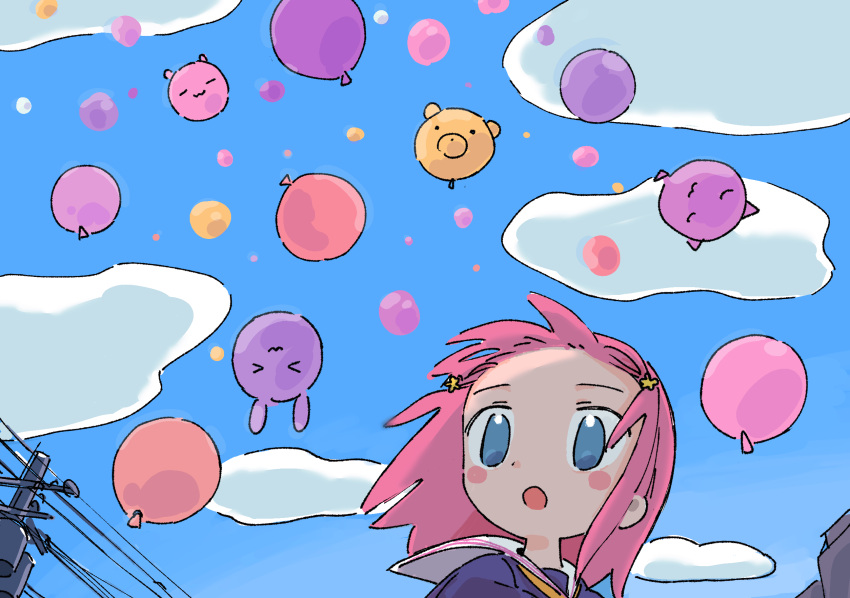 &gt;_&lt; ._. 1girl 1nupool :3 :o backlighting balloon bangs bear blouse blue_eyes blue_sky blush_stickers cat closed_eyes clouds cloudy_sky creature day dot_nose floating floating_hair from_below hair_ornament highres looking_afar looking_ahead neckerchief no_pupils open_mouth original outdoors perspective pink_hair portrait power_lines rabbit sailor_collar scenery school_uniform serafuku sky solo star_(symbol) star_hair_ornament u_u utility_pole white_sailor_collar wind x3 yellow_neckerchief