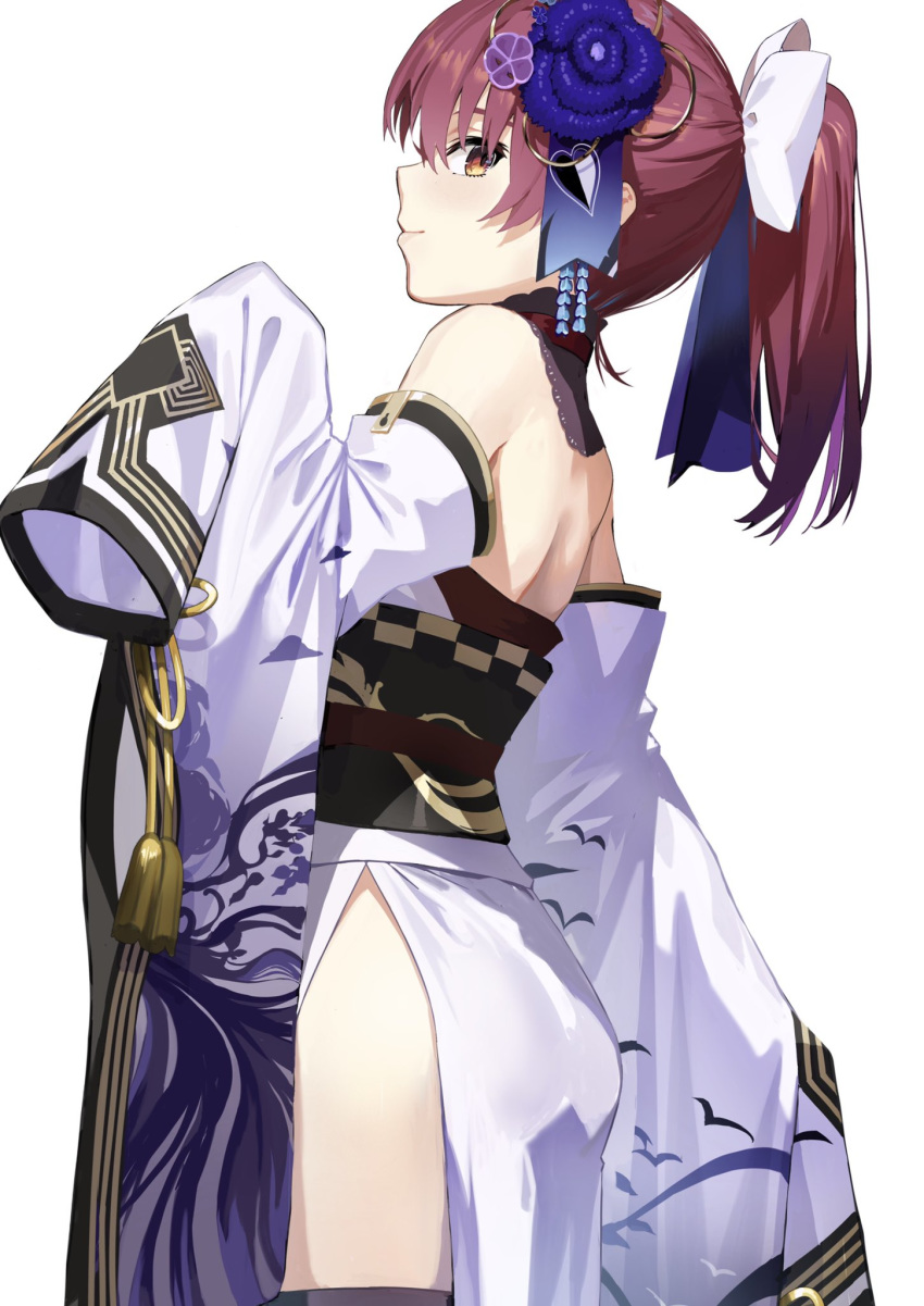 1girl alternate_hairstyle ass back bangs bare_shoulders black_legwear blue_flower bow dress flower from_side hair_bow hair_flower hair_ornament highres hololive houshou_marine japanese_clothes kimono light_smile long_hair long_sleeves looking_at_viewer looking_back no_bra no_panties obi official_alternate_costume ponytail redhead sash side_slit simple_background sleeves_past_fingers sleeves_past_wrists solo strapless strapless_dress thigh-highs white_background white_bow white_dress white_kimono white_sleeves xkirara39x yellow_eyes