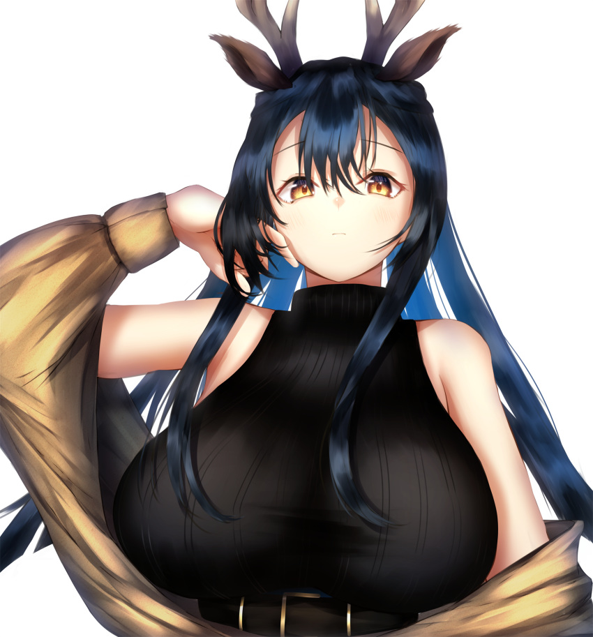 1girl animal_ears antlers arknights bangs bare_shoulders belt black_hair breasts deer_ears hand_in_hair highres jacket large_breasts long_hair looking_at_viewer nidaime_(doronbo) off_shoulder ribbed_sweater solo sweater tsukinogi_(arknights) turtleneck upper_body