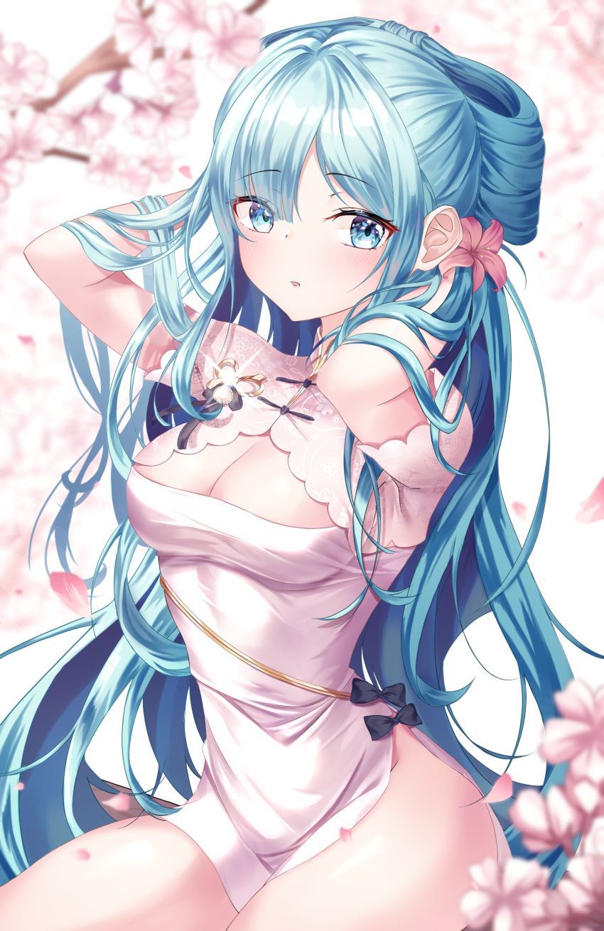 1girl absurdres alternate_hairstyle aqua_eyes aqua_hair arms_behind_head bangs bare_arms black_bow blue_eyes blurry bow breasts cherry_blossoms chinese_clothes commentary cowboy_shot depth_of_field dress flower glint hair_flower hair_flowing_over hair_ornament half_updo hands_up hatsune_miku highres large_breasts long_hair looking_at_viewer parted_lips petals pink_flower red_flower ribbon shaohua_hatsune_miku short_dress short_sleeves side_slit sidelocks sitting socks solo toggles ttopang very_long_hair vocaloid white_background white_dress