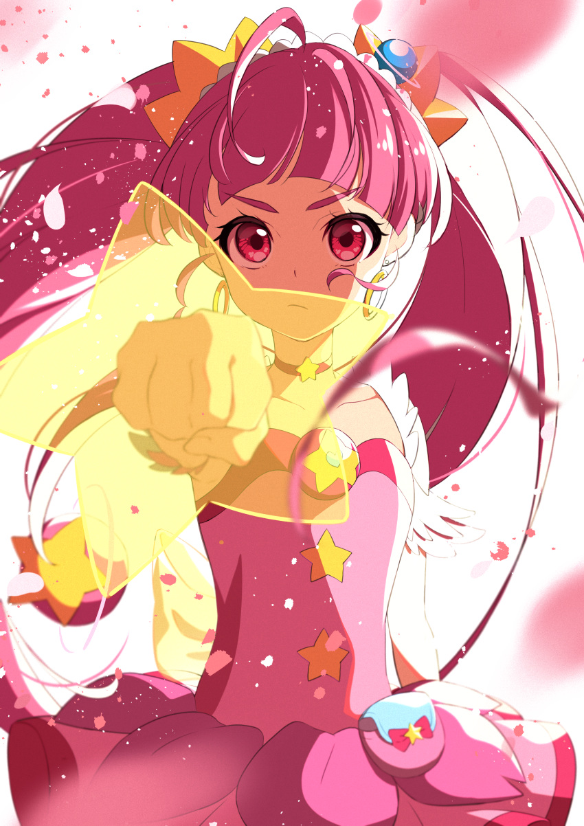 1girl absurdres ahoge back_bow bangs blunt_bangs bow choker clenched_hand cure_star dress earrings eriko floating_hair foreshortening hair_ornament highres hoop_earrings hoshina_hikaru huge_filesize jewelry long_hair looking_at_viewer magical_girl outstretched_arm petals pink_eyes pink_hair planet_hair_ornament pouch precure reaching reaching_out serious simple_background sleeveless sleeveless_dress solo star_(symbol) star_choker star_hair_ornament star_print star_twinkle_precure twintails upper_body very_long_hair white_background