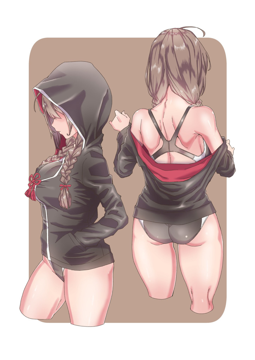 1girl ahoge ass attyon back bare_shoulders black_capelet braid breasts brown_hair capelet colorized commentary_request competition_swimsuit cropped_legs from_behind hands_in_pockets highres hood hood_down hood_up hooded_capelet hooded_jacket jacket kantai_collection large_breasts long_hair long_sleeves multiple_views one-piece_swimsuit red_ribbon ribbon shinshuu_maru_(kantai_collection) shoulder_blades simple_background swimsuit swimsuit_under_clothes thighs twin_braids undressing