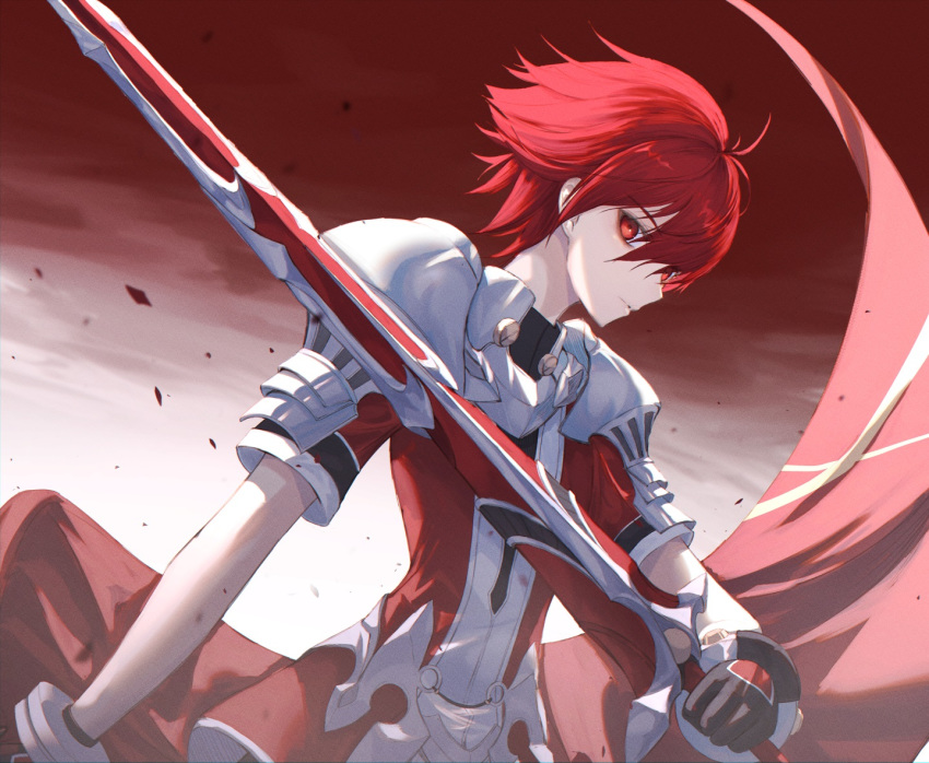 1boy armor bangs black_gloves closed_mouth commentary elsword elsword_(character) gloves holding holding_sword holding_weapon looking_at_viewer male_focus multicolored multicolored_clothes multicolored_gloves neon_(pixiv_31150749) puffy_short_sleeves puffy_sleeves red_eyes red_gloves red_shirt red_sky red_theme redhead serious shirt short_hair short_sleeves shoulder_armor shoulder_plates sky solo sword upper_body weapon