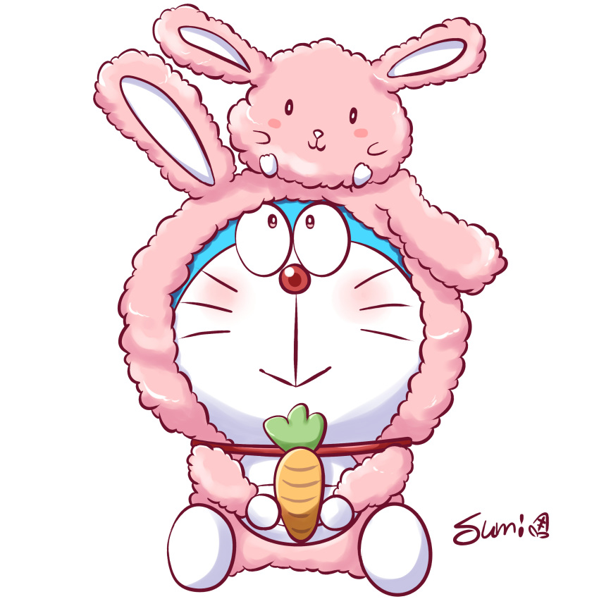 :&gt; :3 absurdres animal_costume bunny_costume carrot chammy creature creature_on_head doraemon doraemon:_nobita_no_uchuu_kaitakushi doraemon_(character) full_body highres holding looking_at_another looking_at_viewer looking_away looking_up matching_outfit simple_background sitting smile sumi_(user_evka8372) white_background
