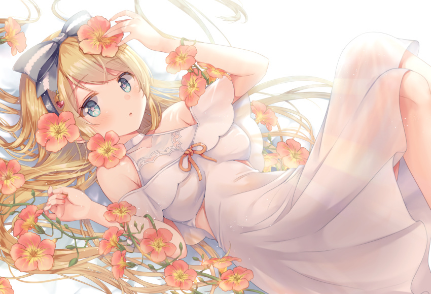 1girl bangs bare_shoulders blonde_hair blue_eyes blush bow breasts closed_mouth collarbone commentary_request dress emori_miku_project emu_alice eyebrows_visible_through_hair flower gomano_rio hair_bow hair_flower hair_ornament hands_up highres knees_up long_hair looking_at_viewer lying medium_breasts messy_hair nail_polish official_art on_back open_mouth parted_lips pink_flower red_flower sleeveless solo tareme white_dress